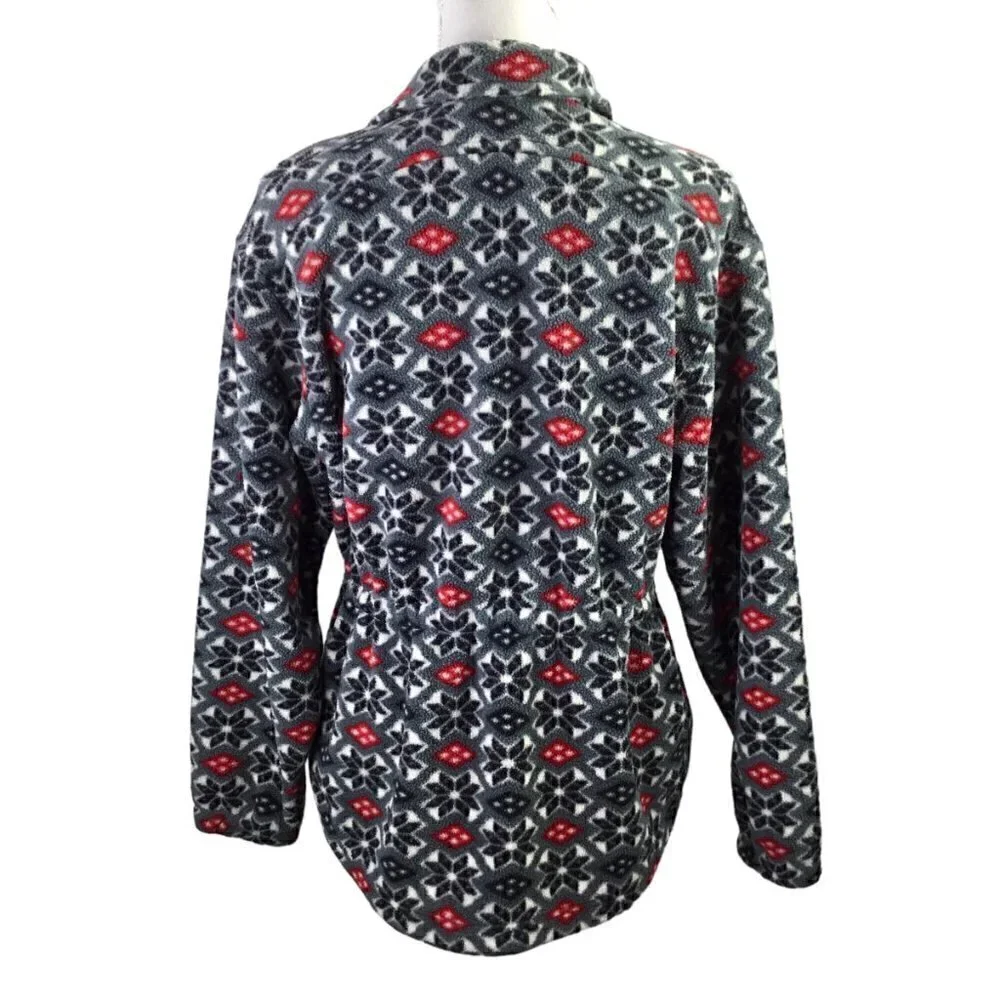 L.L. Bean Fleece Jacket Coat Full Zip Snowflake Adj Waist Pockets Black Red
